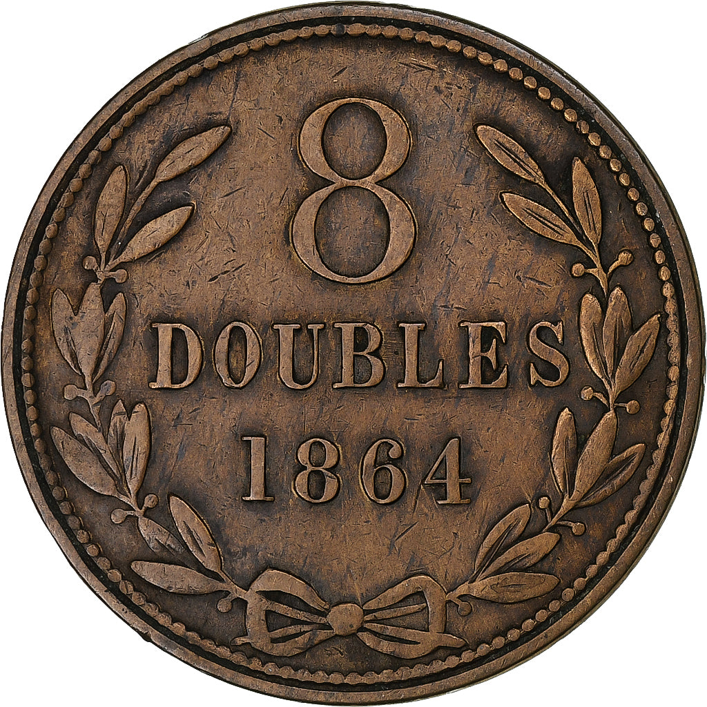 Coin, Guernsey, 8 Doubles, 1864, Heaton, Birmingham, EF(40-45), Bronze, KM:7