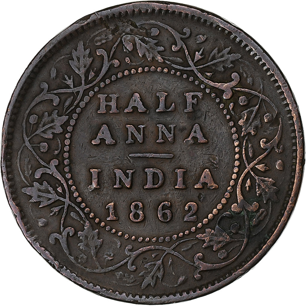 Moneda, INDIA BRITÁNICA, Victoria, 1/2 Anna, 1862, BC+, Cobre, KM:468