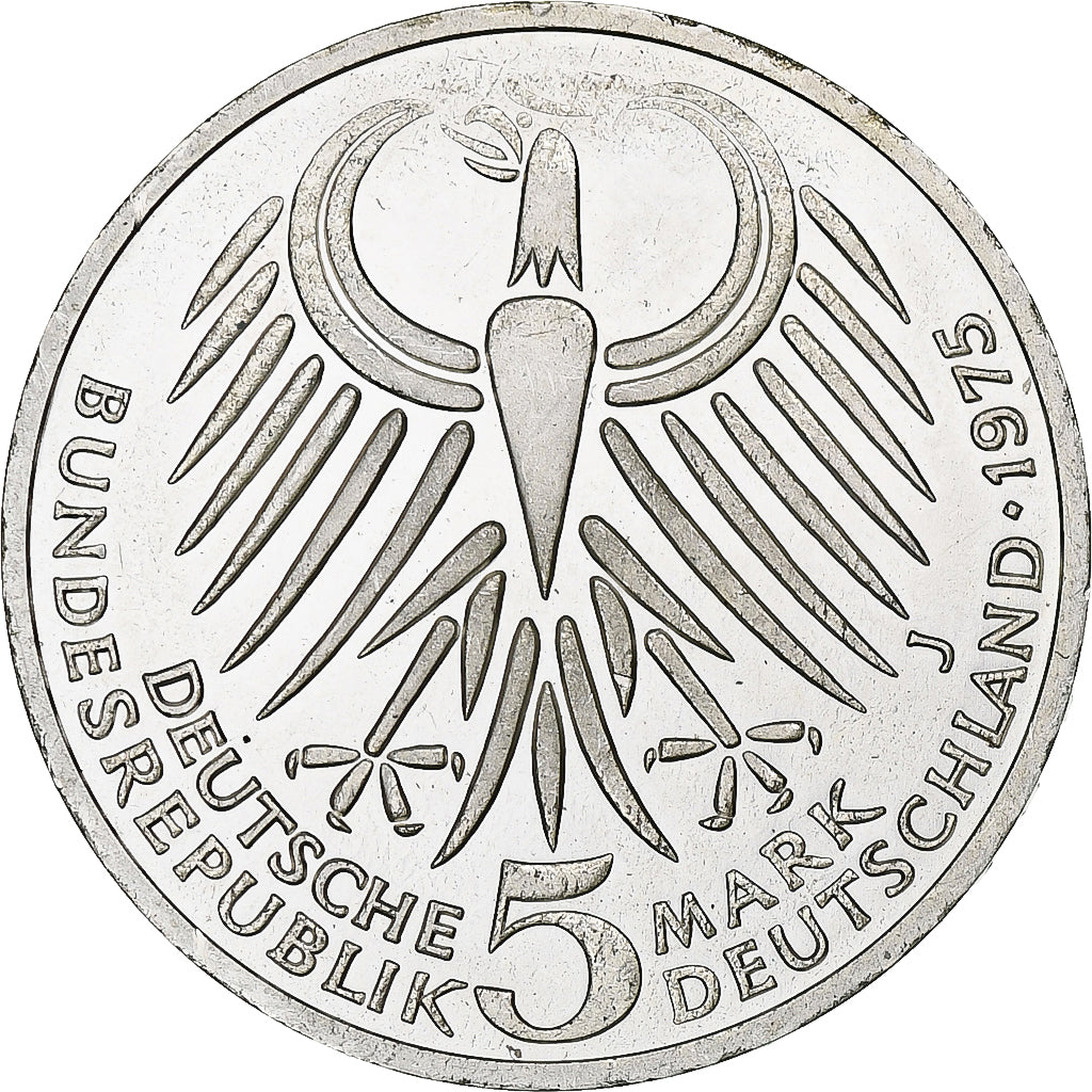Moneta, Niemcy - RFN, 5 Mark, 1975, Hamburg, Germany, MS(60-62), Srebro, KM:141