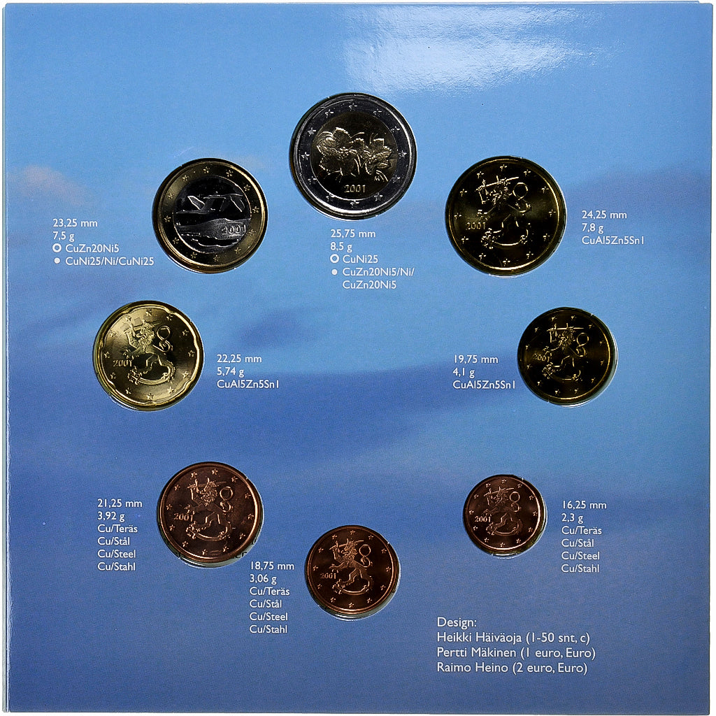 Finland, 1 Cent to 2 Euro, euro set, 2001, Mint of Finland, BU, FDC, n.v.t.