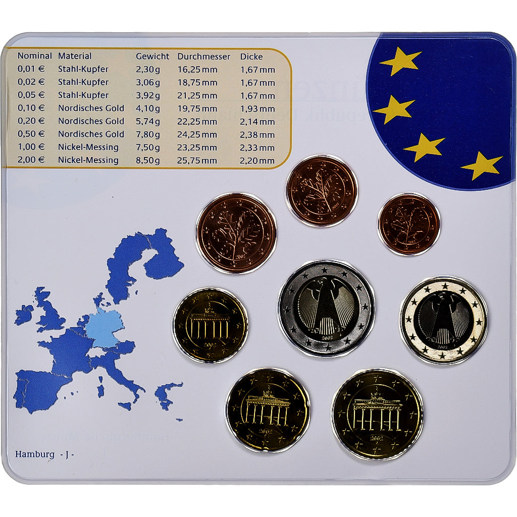 Germany, 1 Cent to 2 Euro, 2002, Hamburg, euro set, MS(65-70)