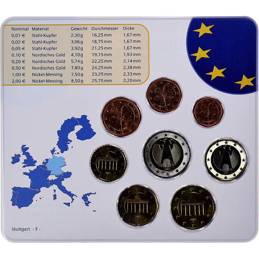 Deutschland, 1 Cent to 2 Euro, 2002, Stuttgart, euro set, STGL