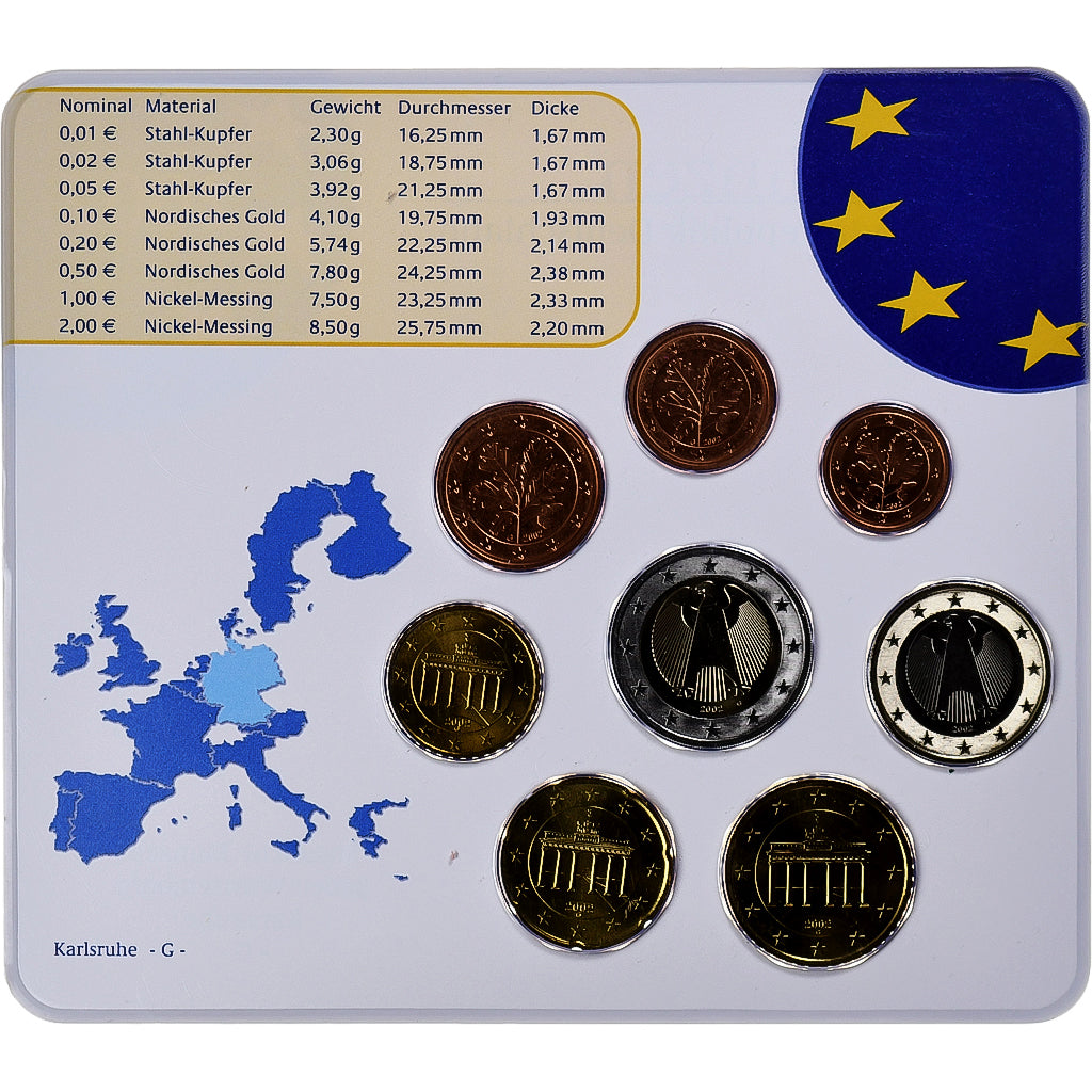 Germany, 1 Cent to 2 Euro, 2002, Karlsruhe, euro set, MS(65-70)