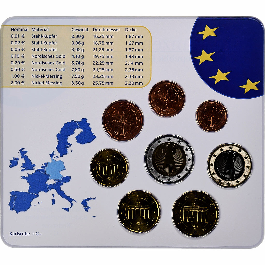 Alemania, 1 Cent to 2 Euro, 2004, Karlsruhe, Set Euro, FDC, Sin información