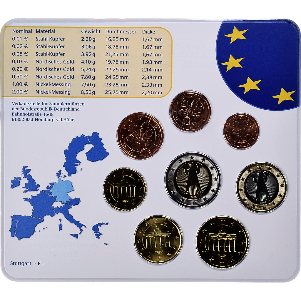 Deutschland, 1 Cent to 2 Euro, 2005, Stuttgart, Set Euro, STGL