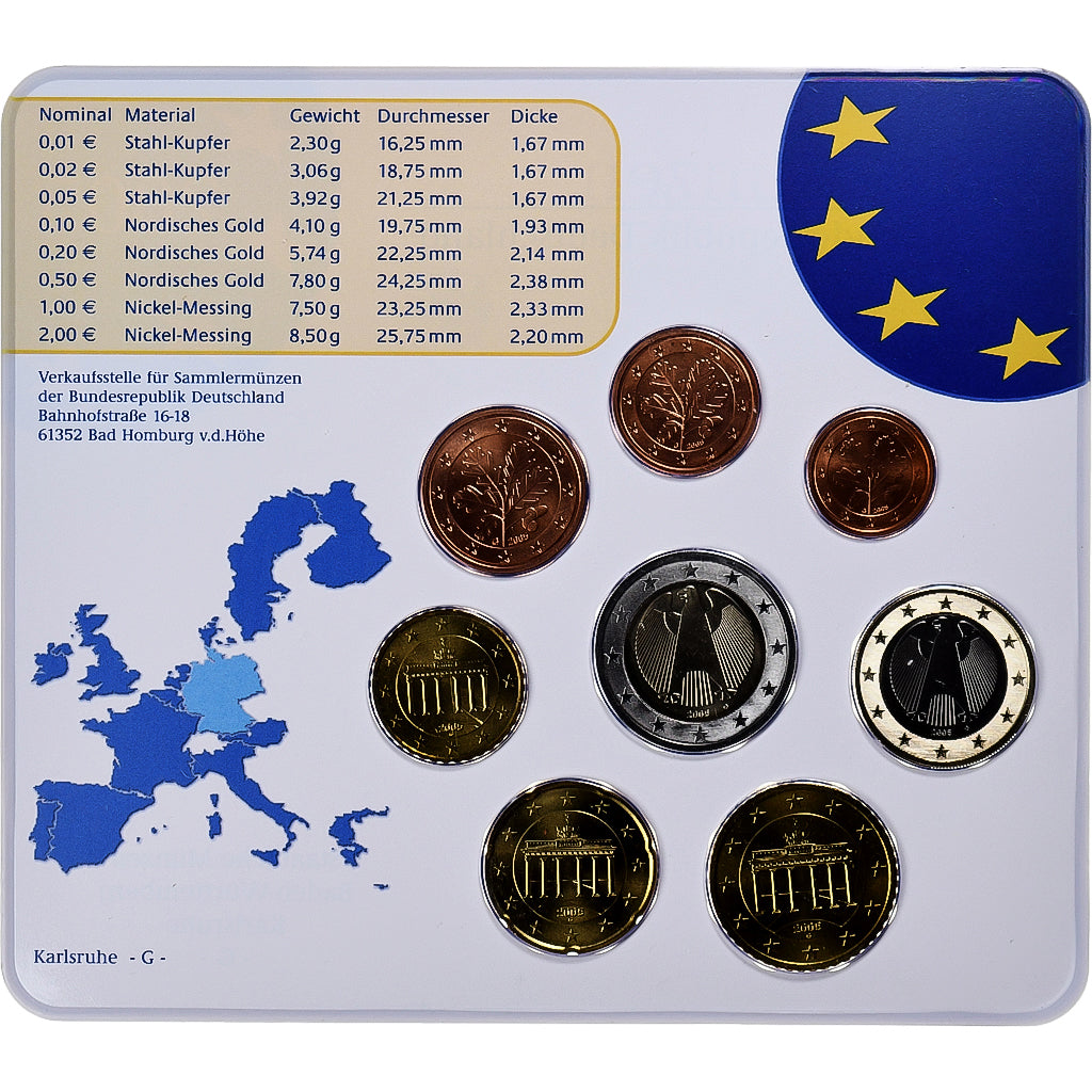 Alemania, 1 Cent to 2 Euro, 2005, Karlsruhe, Set, FDC, Sin información