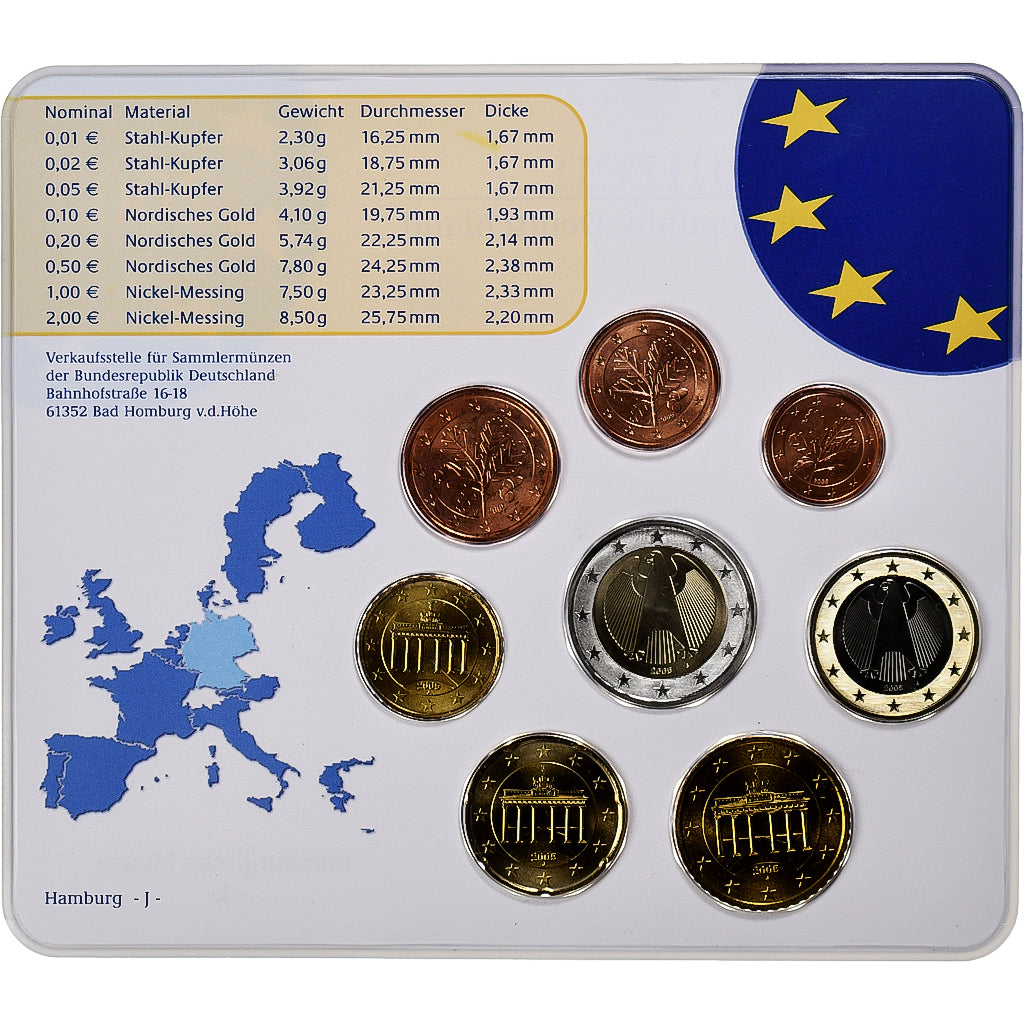 Germany, 1 Cent to 2 Euro, 2005, Hambourg, Set, MS(65-70)