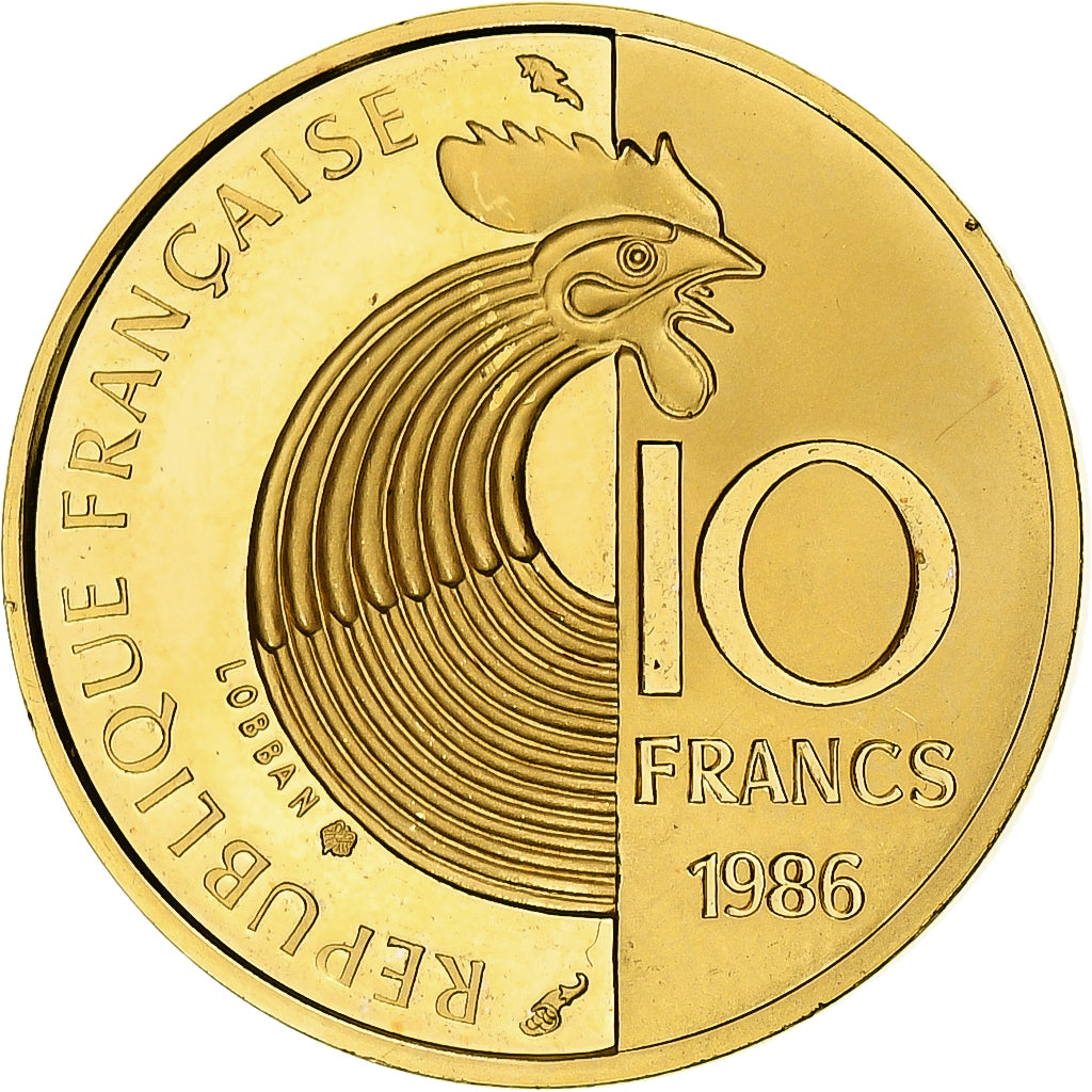 Francja, Schuman, 10 Francs, 1986, MS(63), Złoto, KM:958c, Gadoury:825