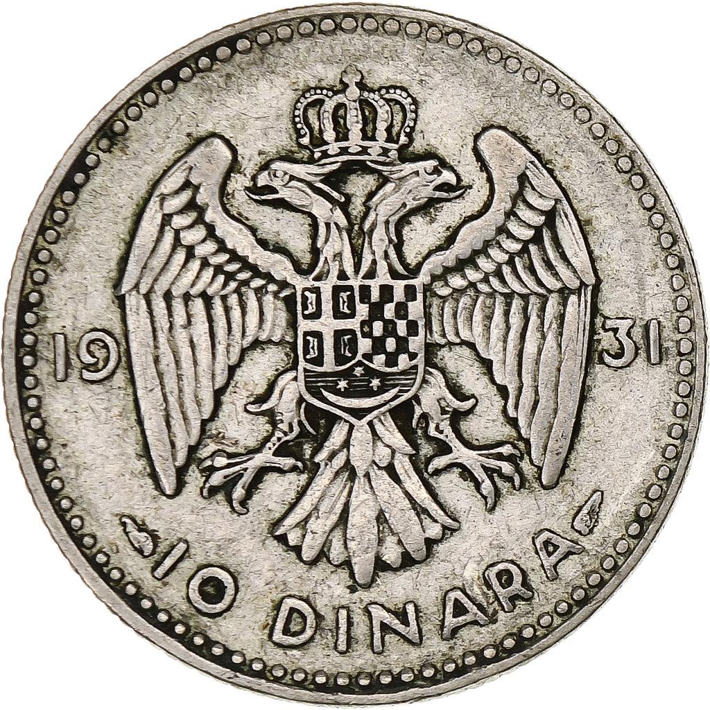 YUGOSLAVIA, 10 Dinara, 1931, London, KM #10, EF(40-45), Silver, 25, 7.00