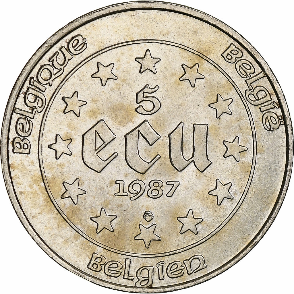 Belgium, 5 Ecu, 1987, Silver, AU(55-58), KM:166