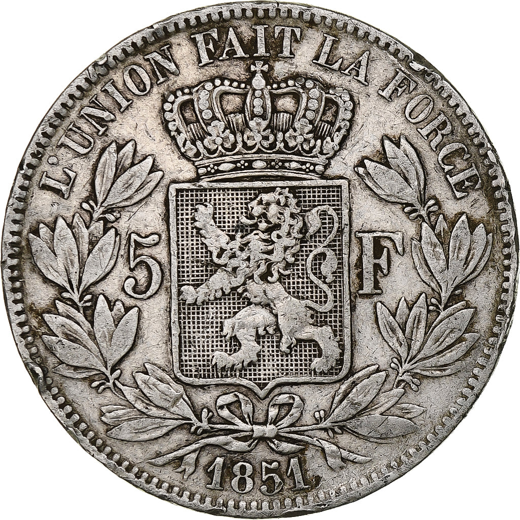 Belgium, Leopold I, 5 Francs, 5 Frank, 1851, VF(30-35), Silver, KM:17