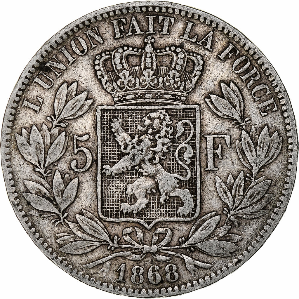 Coin, Belgium, Leopold II, 5 Francs, 5 Frank, 1868, Brussels, VF(30-35), Silver