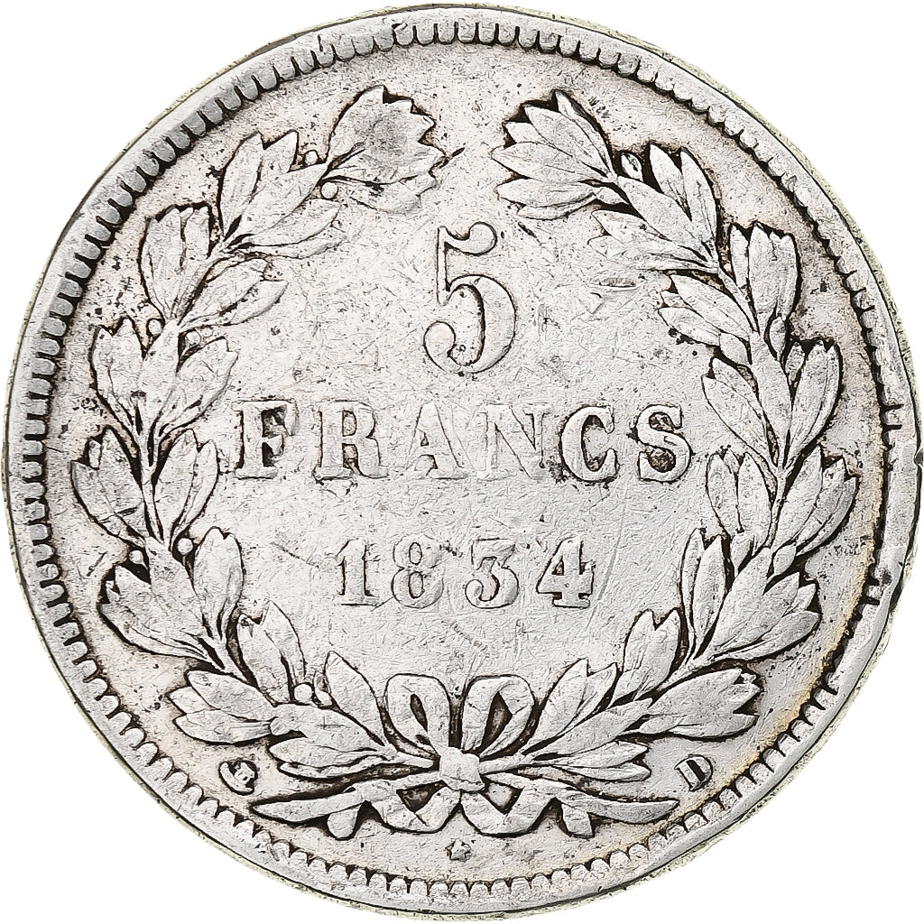 France, 5 Francs, Louis-Philippe, 1834, Lyon, Silver, VF(20-25), Gadoury:678