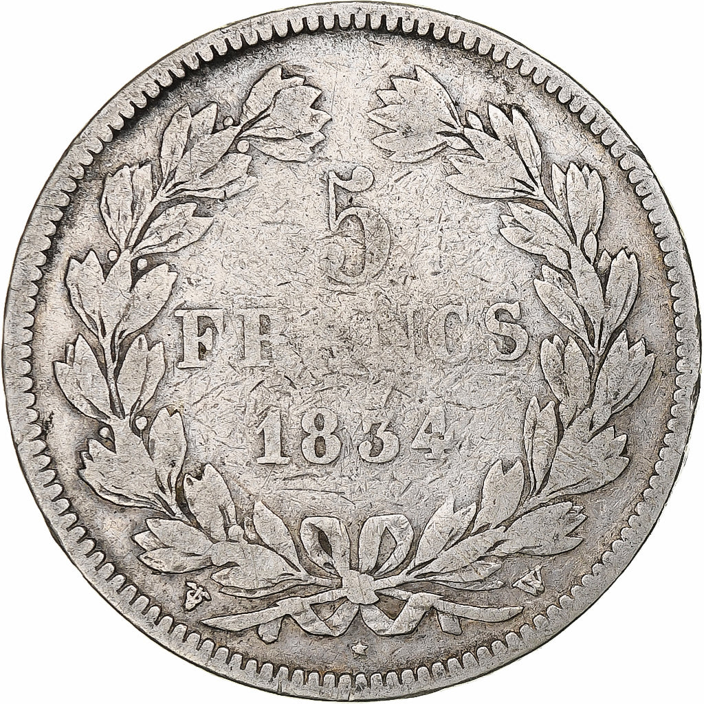 France, Louis-Philippe, 5 Francs, 1834, Lille, VF(20-25), Silver, KM:749.13