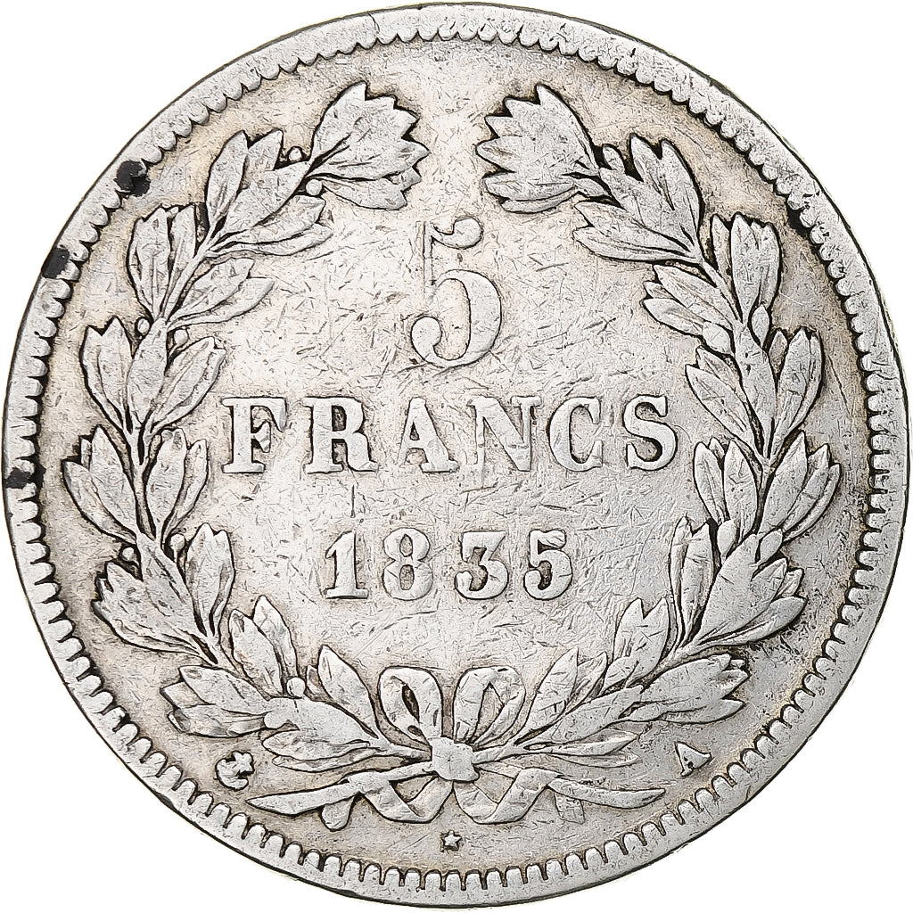 Moneda, Francia, Louis-Philippe, 5 Francs, 1835, Paris, BC+, Plata, KM:749.1