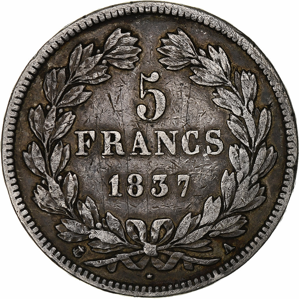 France, 5 Francs, Louis-Philippe, 1837, Paris, Silver, VF(30-35), Gadoury:678