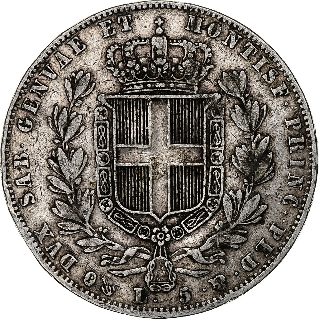 Munten, Italiaanse staten, SARDINIA, Carlo Alberto, 5 Lire, 1849, Genoa, FR+