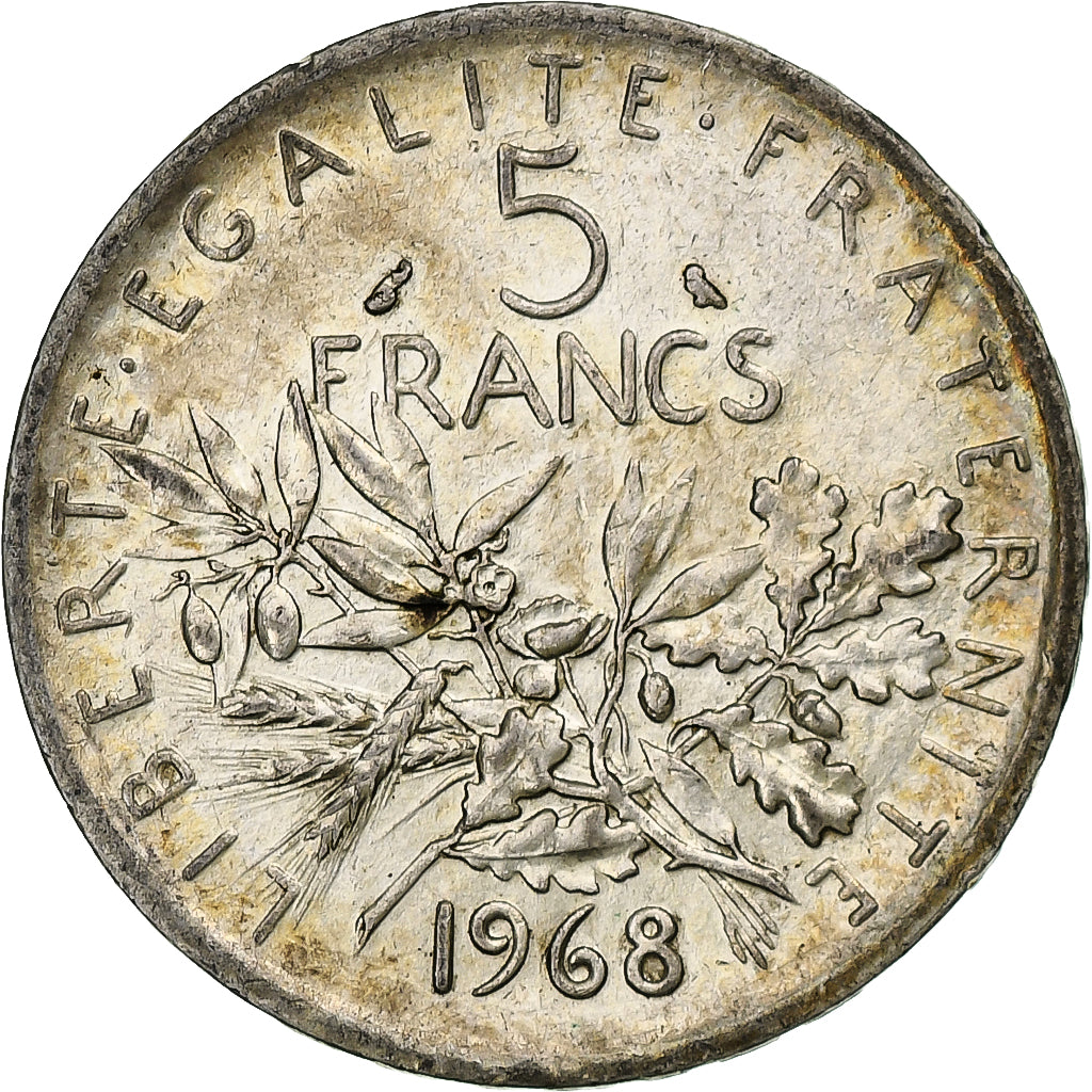 Francja, 5 Francs, Semeuse, 1968, Srebro, EF(40-45), Gadoury:770, KM:926
