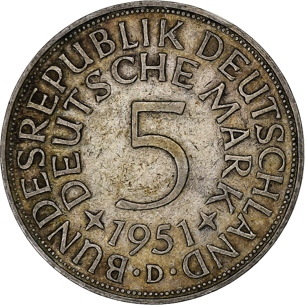Coin, GERMANY - FEDERAL REPUBLIC, 5 Mark, 1951, Munich, EF(40-45), Silver