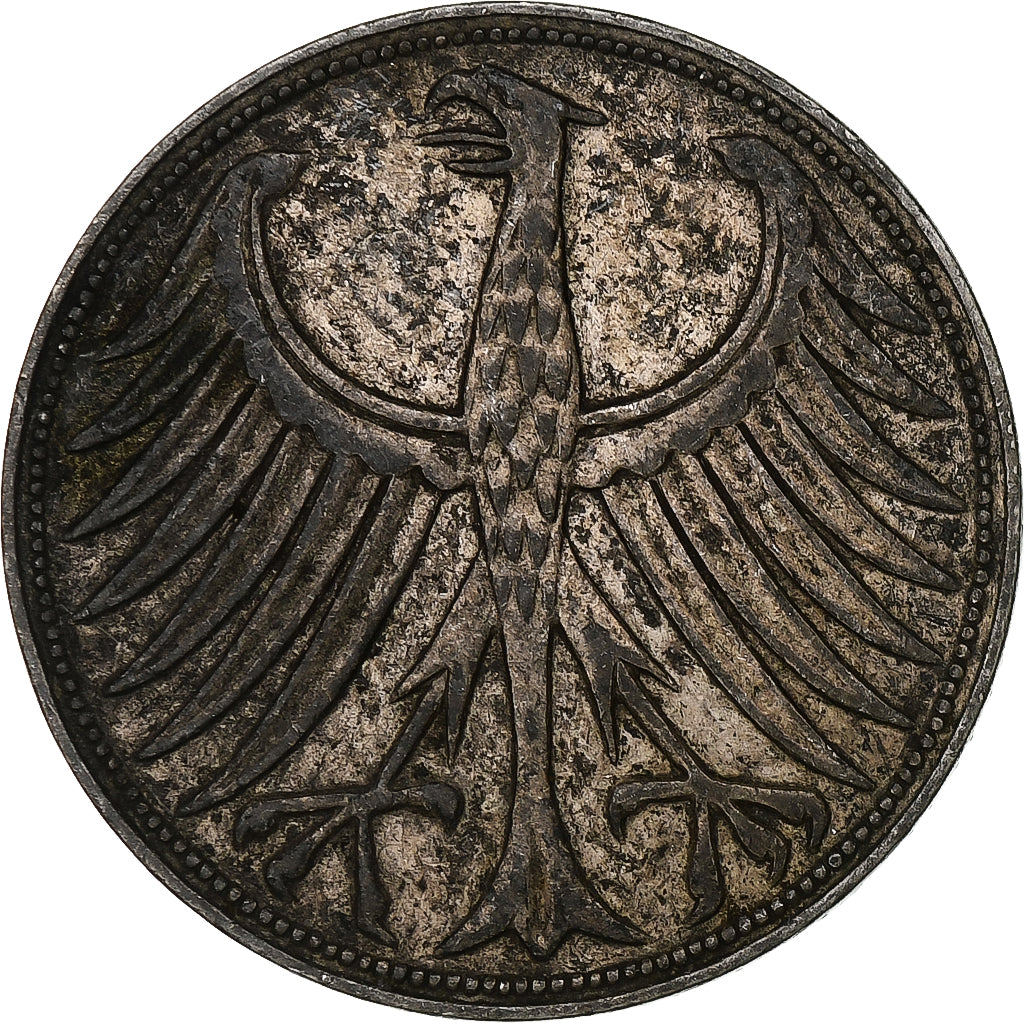 GERMANY - FEDERAL REPUBLIC, 5 Mark, 1958, Karlsruhe, Silver, EF(40-45)