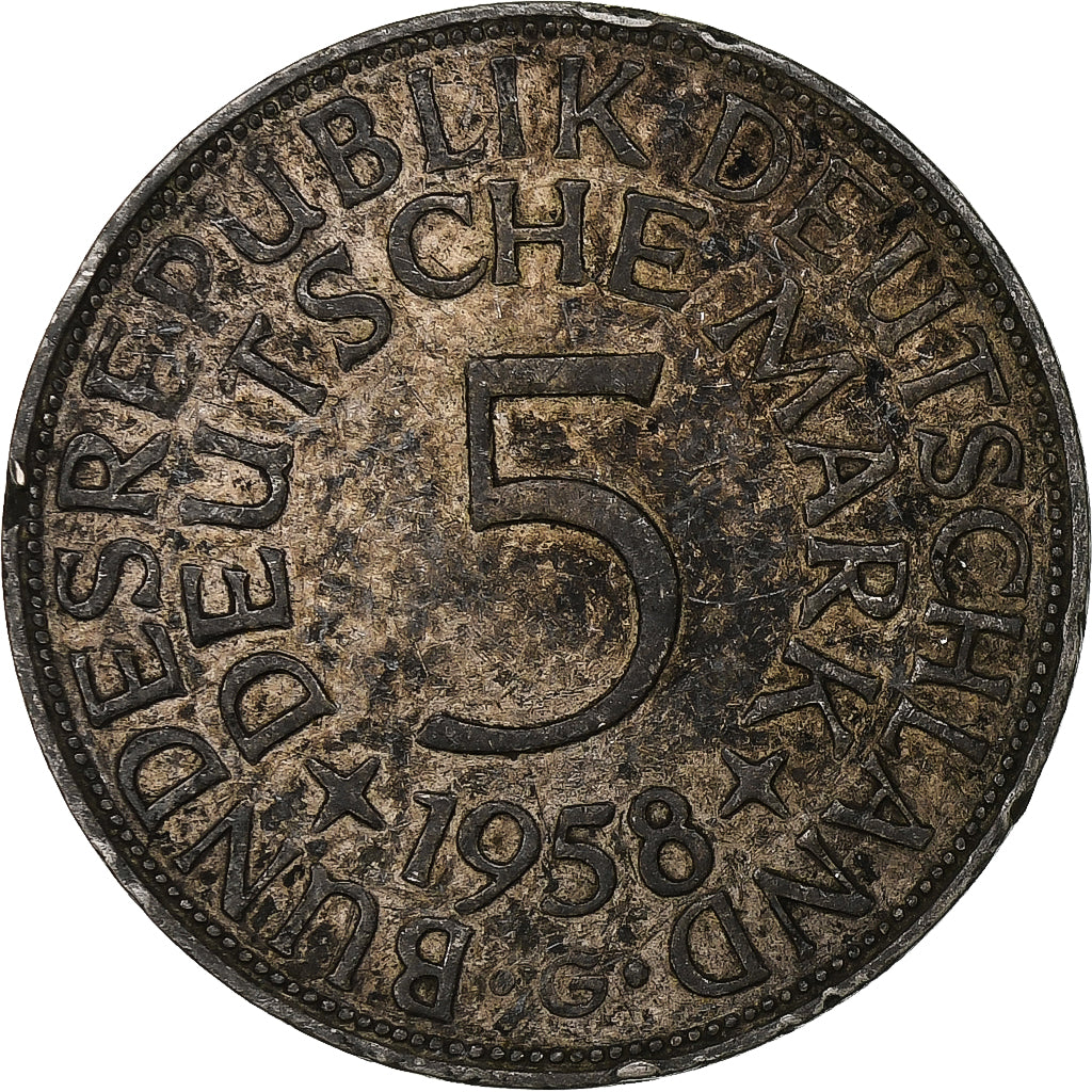 GERMANY - FEDERAL REPUBLIC, 5 Mark, 1958, Karlsruhe, Silver, EF(40-45)