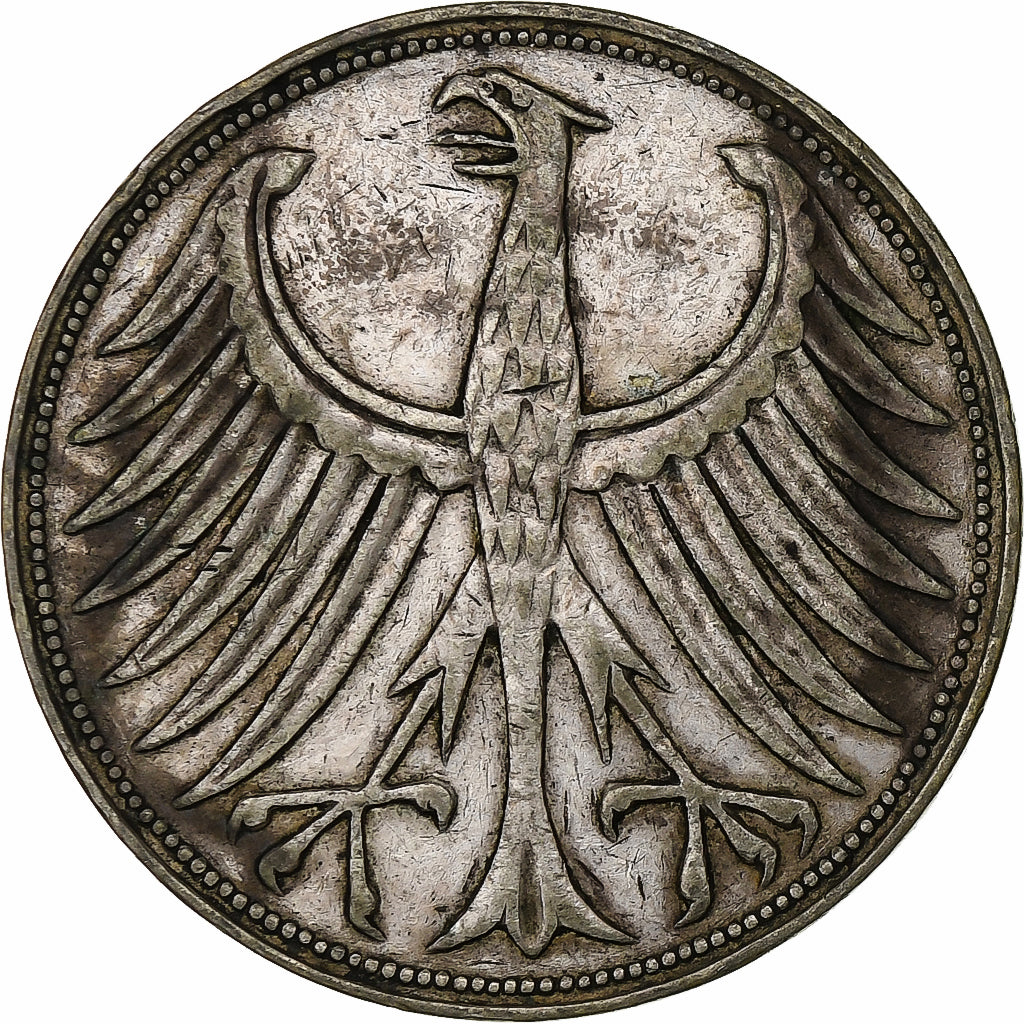 GERMANY - FEDERAL REPUBLIC, 5 Mark, 1958, Stuttgart, Silver, VF(30-35), KM:112.1