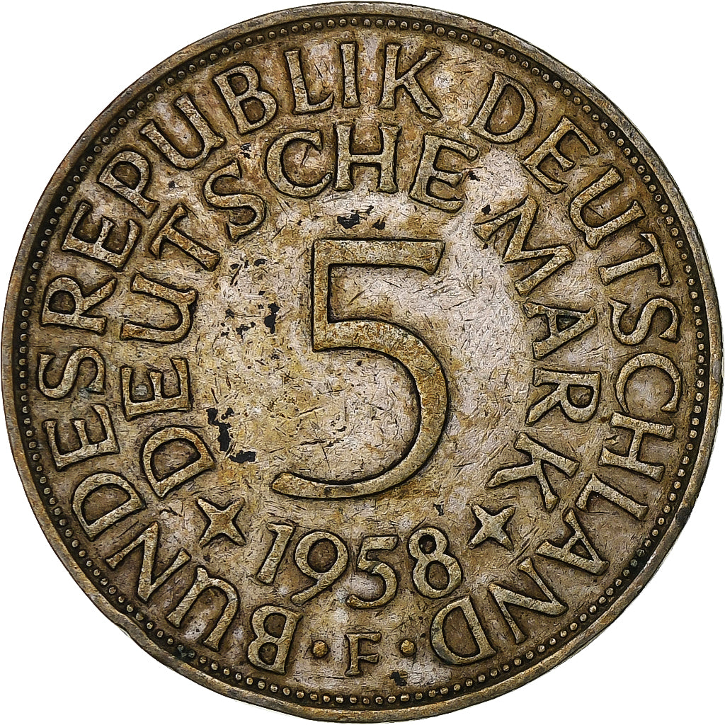 GERMANY - FEDERAL REPUBLIC, 5 Mark, 1958, Stuttgart, Silver, VF(30-35), KM:112.1