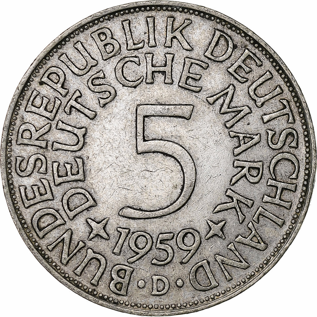 République fédérale allemande, 5 Mark, 1959, Munich, Argent, TTB+, KM:112.1