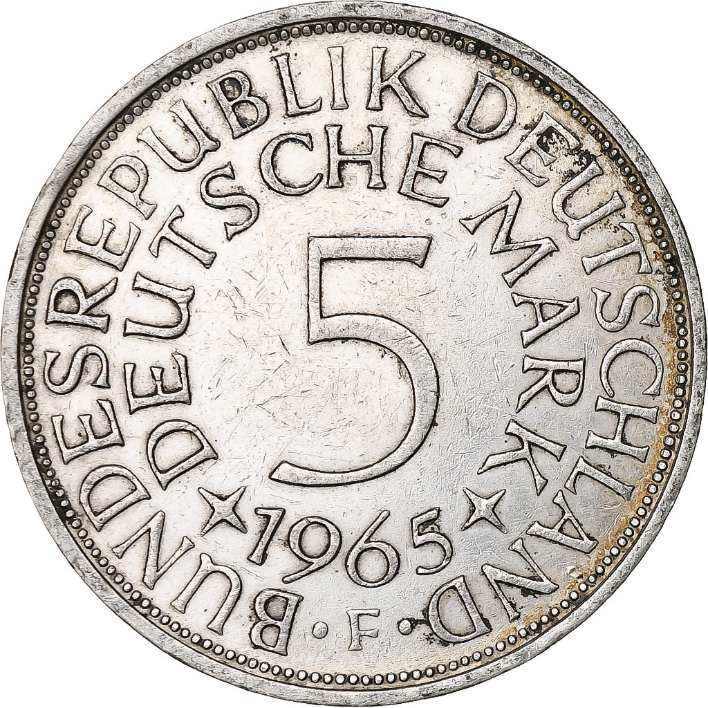 GERMANY - FEDERAL REPUBLIC, 5 Mark, 1965, Stuttgart, Silver, EF(40-45), KM:112.1