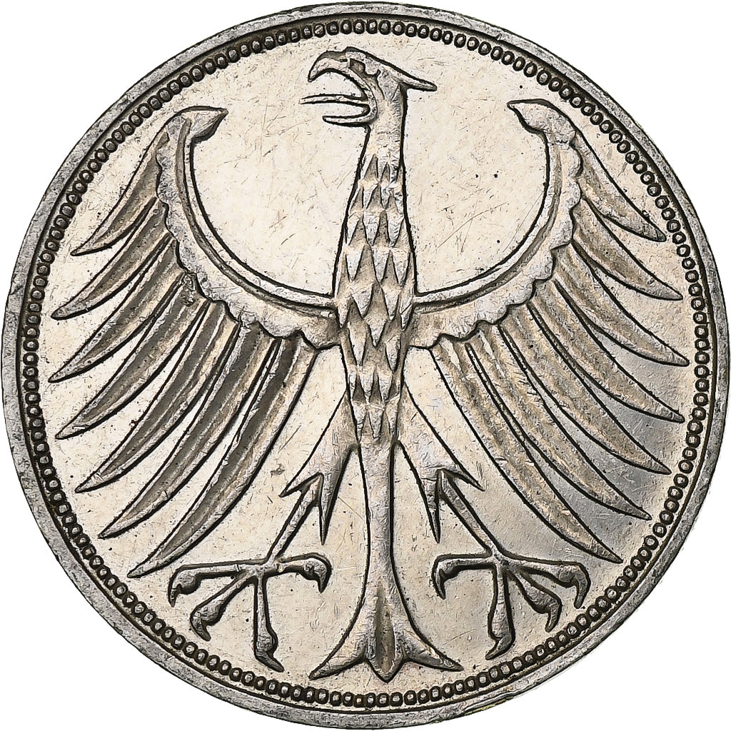 GERMANY - FEDERAL REPUBLIC, 5 Mark, 1966, Stuttgart, Silver, EF(40-45)