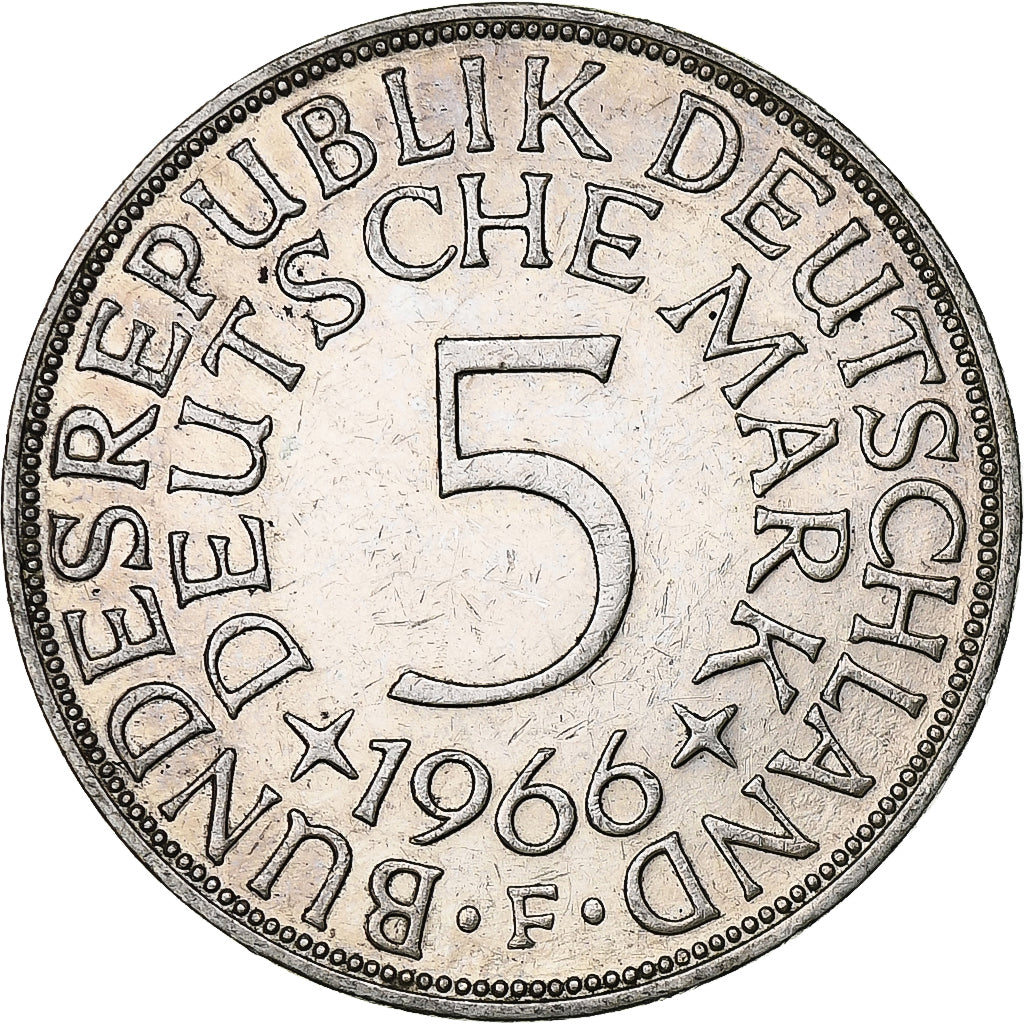 GERMANY - FEDERAL REPUBLIC, 5 Mark, 1966, Stuttgart, Silver, EF(40-45)