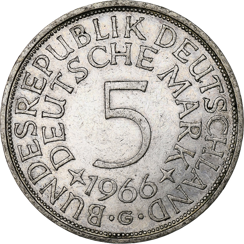 GERMANY - FEDERAL REPUBLIC, 5 Mark, 1966, Karlsruhe, Silver, EF(40-45), KM:112.1