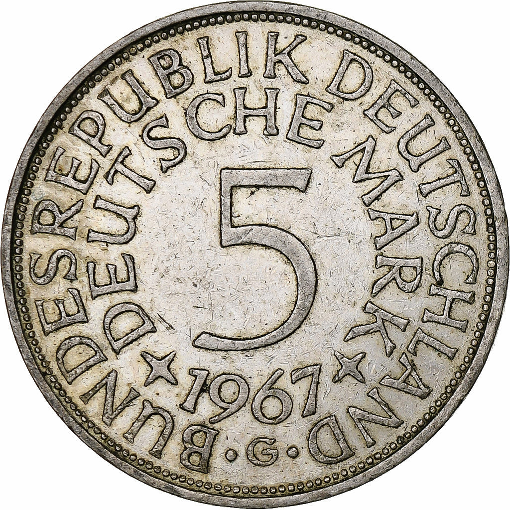 Coin, GERMANY - FEDERAL REPUBLIC, 5 Mark, 1967, Karlsruhe, AU(50-53), Silver