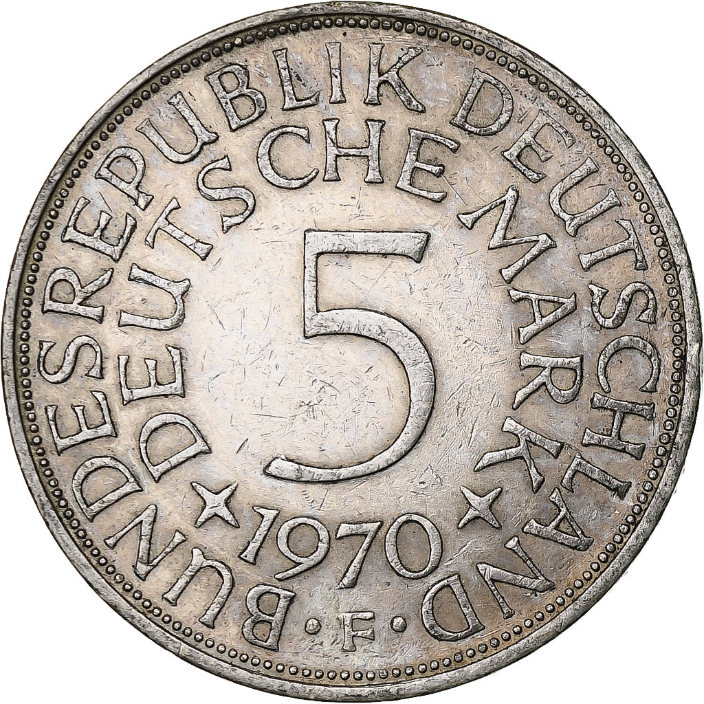 GERMANY - FEDERAL REPUBLIC, 5 Mark, 1970, Stuttgart, Silver, EF(40-45), KM:112.1