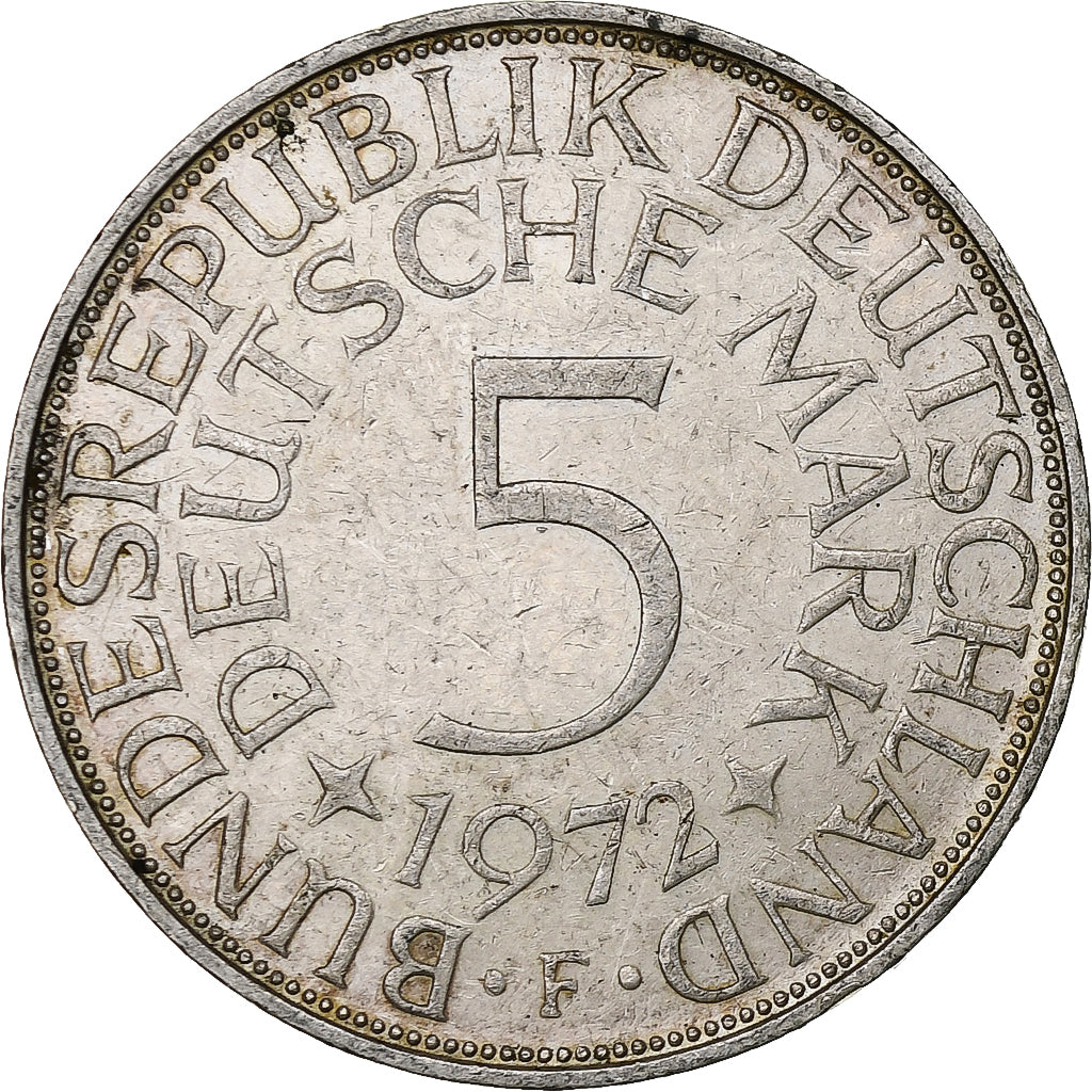 GERMANY - FEDERAL REPUBLIC, 5 Mark, 1972, Stuttgart, Silver, EF(40-45), KM:112.1