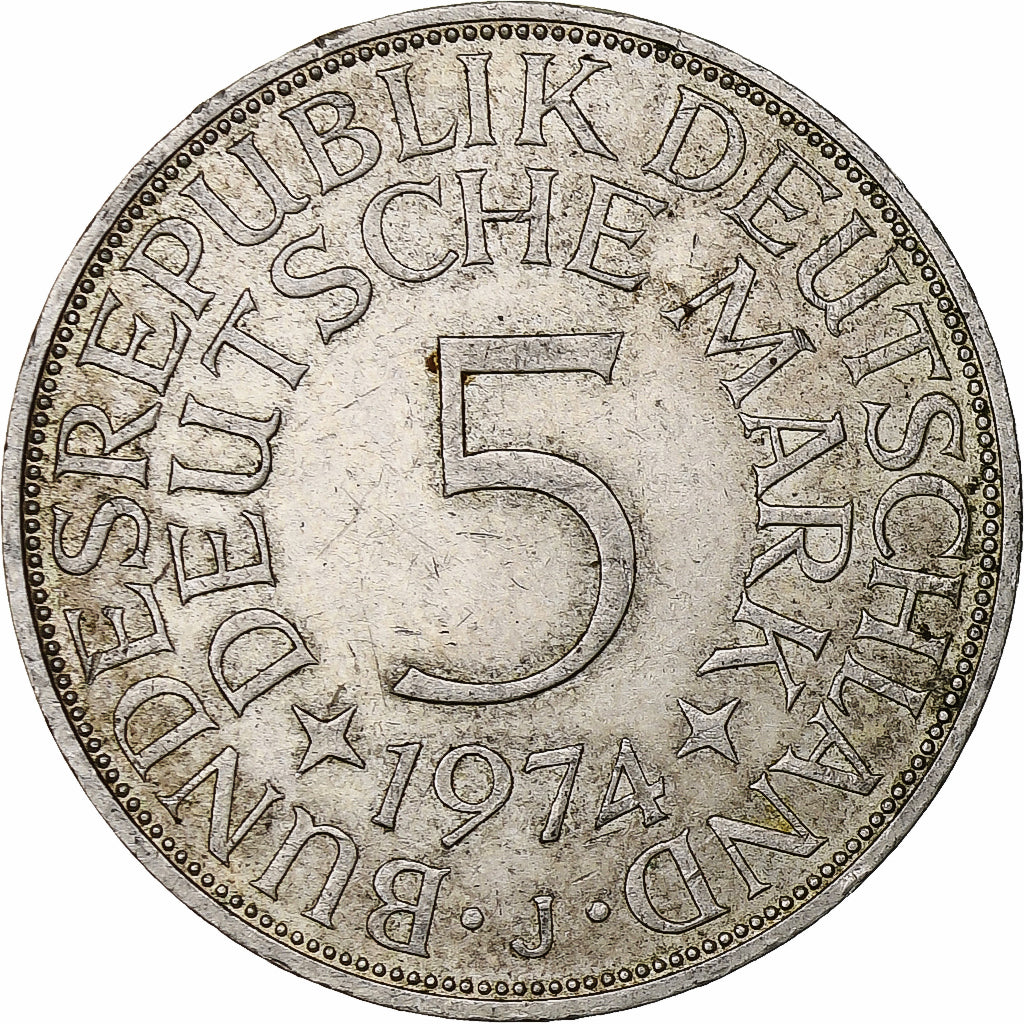 Coin, GERMANY - FEDERAL REPUBLIC, 5 Mark, 1974, Hamburg, EF(40-45), Silver