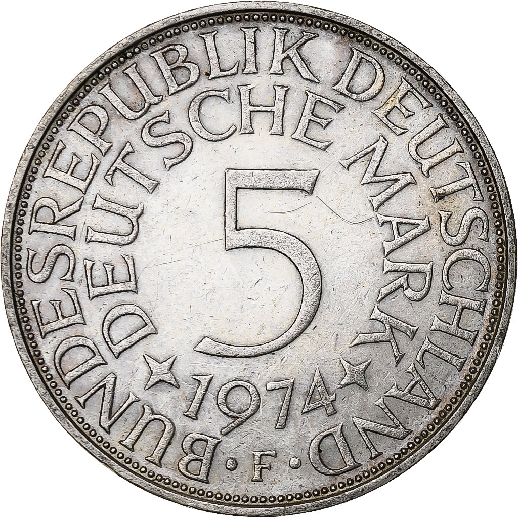 Coin, GERMANY - FEDERAL REPUBLIC, 5 Mark, 1974, Stuttgart, EF(40-45), Silver