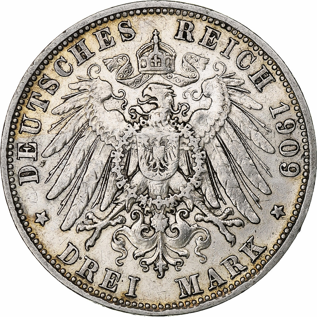 Coin, German States, BAVARIA, Otto, 3 Mark, 1909, Munich, EF(40-45), Silver