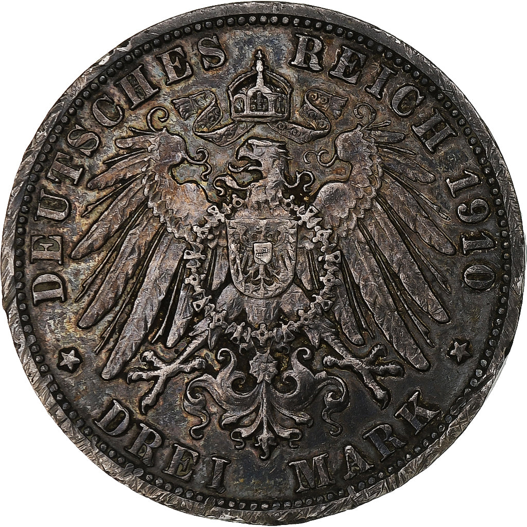 German States, HESSE-DARMSTADT, Ernst Ludwig, 3 Mark, 1910, Berlin, Silver