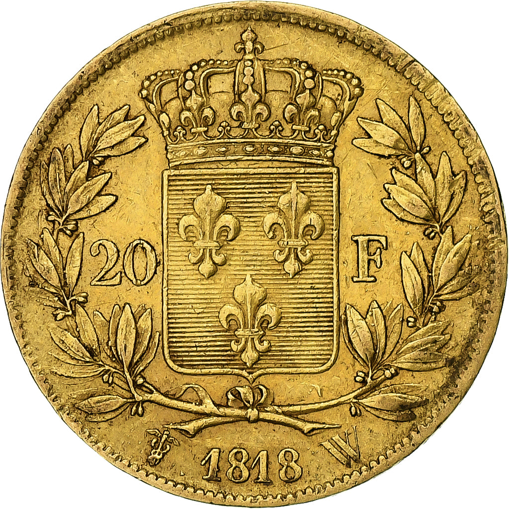 Moeda, França, Louis XVIII, Louis XVIII, 20 Francs, 1818, Lille, AU(50-53)