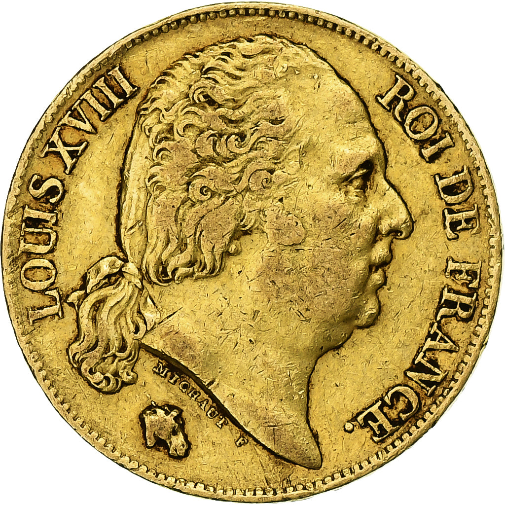 França, Louis XVIII, 20 Francs, Louis XVIII, 1820, Nantes, Dourado, EF(40-45)