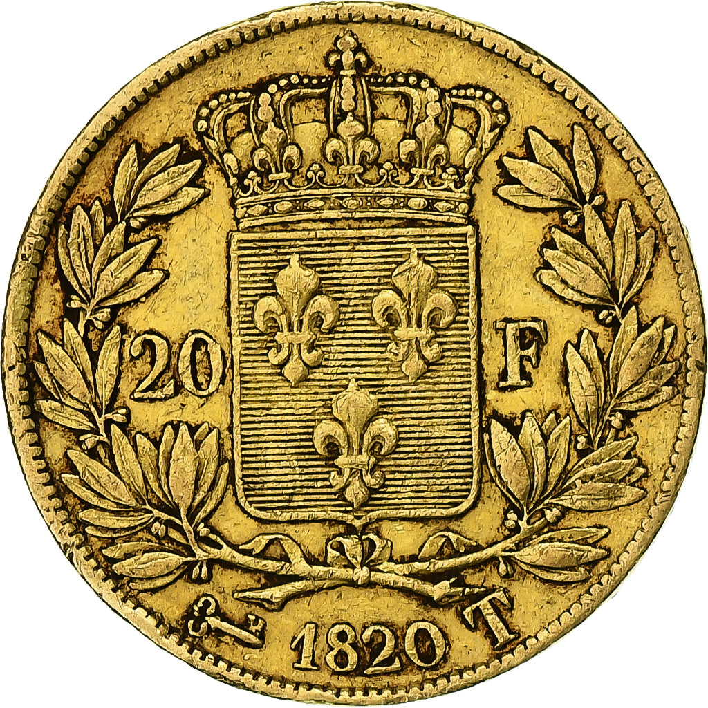 França, Louis XVIII, 20 Francs, Louis XVIII, 1820, Nantes, Dourado, EF(40-45)