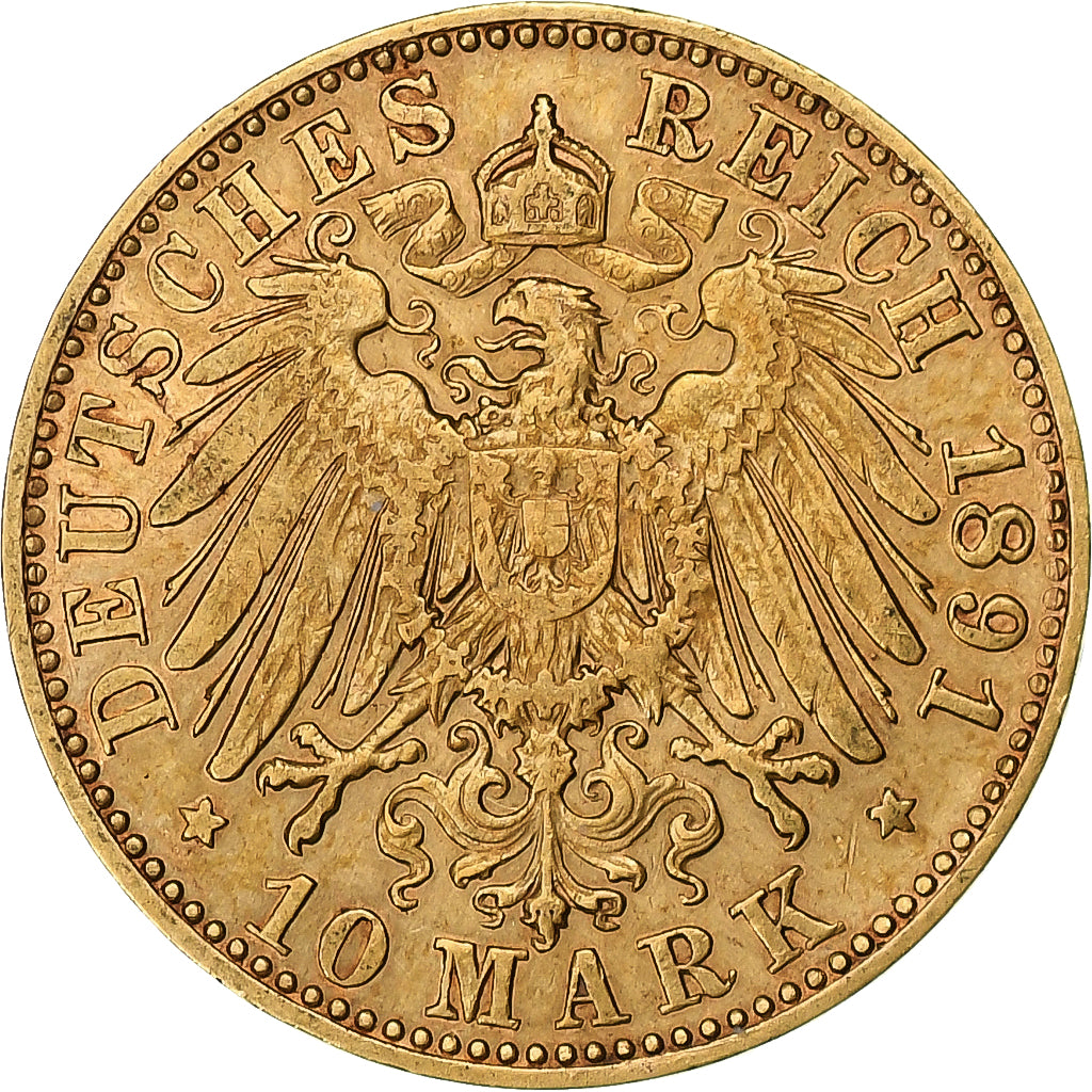 German States, SAXONY-ALBERTINE, Albert, 10 Mark, 1891, Muldenhütten, Gold