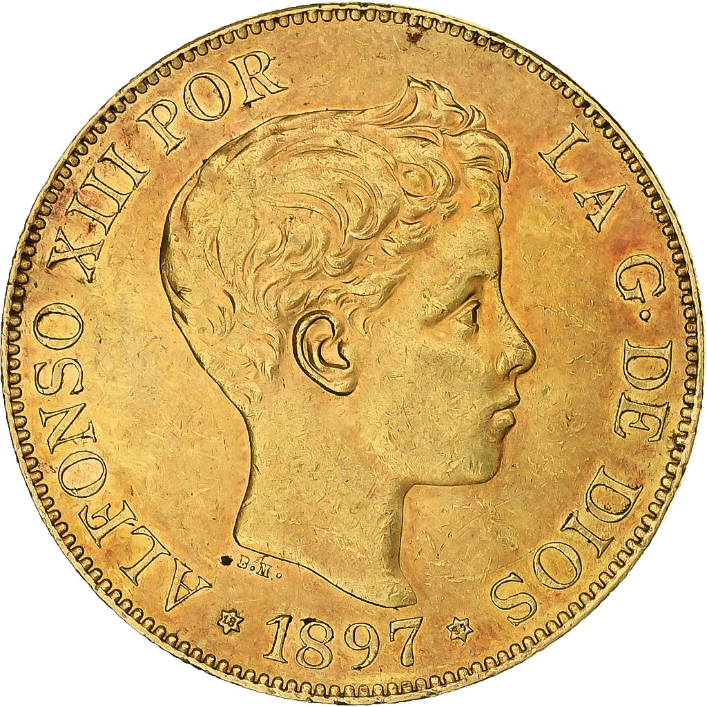 España, Alfonso XIII, 100 Pesetas, 1897, Madrid, Oro rojo, MBC+, KM:708