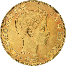 España, Alfonso XIII, 100 Pesetas, 1897, Madrid, Oro rojo, MBC+, KM:708