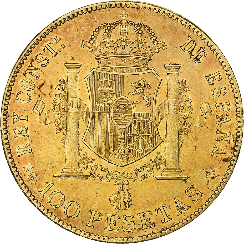 España, Alfonso XIII, 100 Pesetas, 1897, Madrid, Oro rojo, MBC+, KM:708
