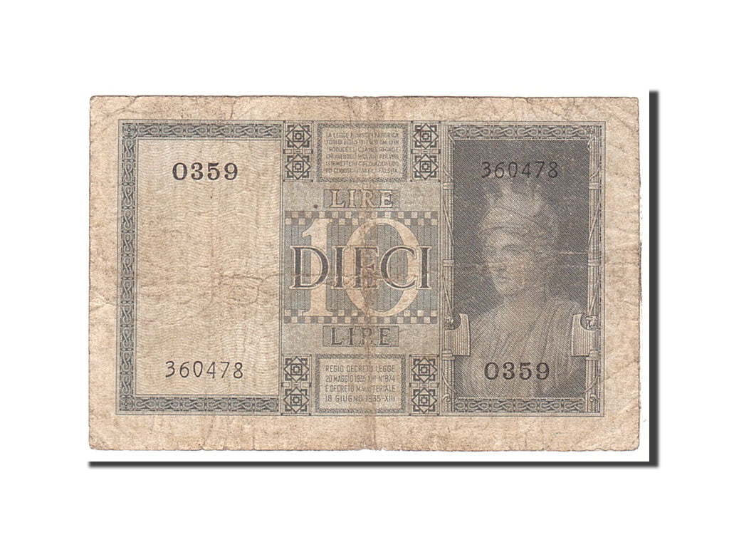 Billet, Italie, 10 Lire, 1935, Undated, KM:25c, TB