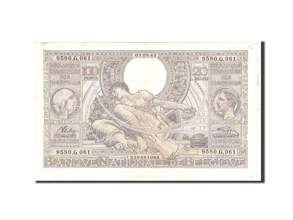 Banknote, Belgium, 100 Francs-20 Belgas, 1942, 1942-09-03, KM:107, AU(50-53)