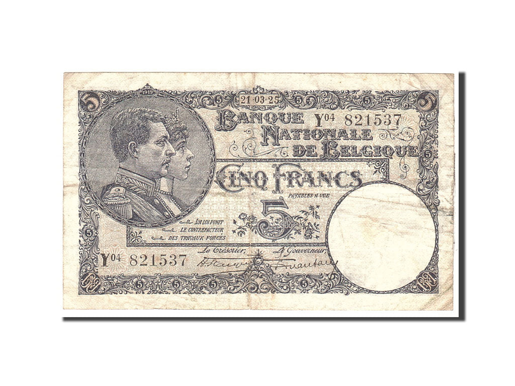 Banknote, Belgium, 5 Francs, 1925, 1925-03-21, KM:93, VF(20-25)