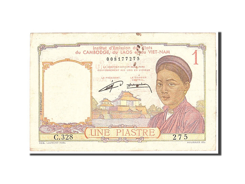 INDOCINA FRANCESE, 1 Piastre, 1936, KM:54b, Undated, BB